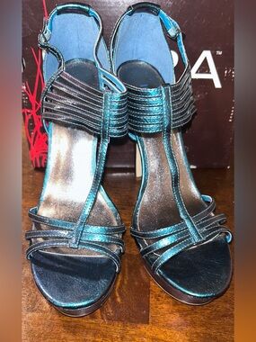 Metallic Teal Strappy T‑Bar High Heels - Women's